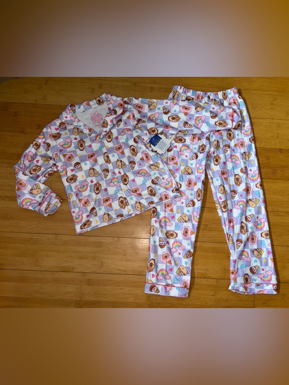 NWT Girl’s Size 7-8 Purple Checkered Fun Print Button Up Pajamas Set Pjs